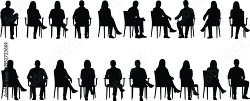 Silhouette collection of seated people in various chair poses isolated on white background, audience, waiting, interview, diverse individuals, social interaction, human posture concept