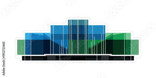 Front-facing black and white spaceport terminal facade layered with overlapping blue and green flat geometric shapes and thin vertical grid lines, white
