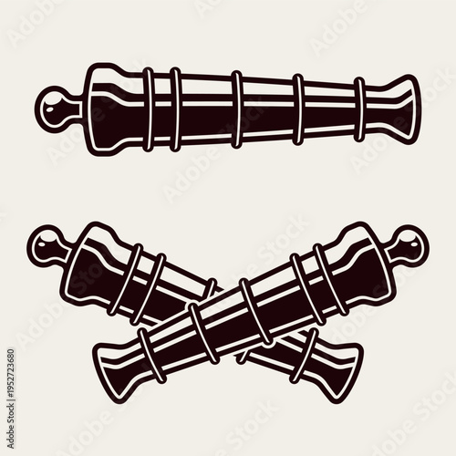 Vintage pirate cannon in black engraved style. Monochrome vector illustration ideal for nautical emblems, adventure graphics, game assets and retro maritime branding