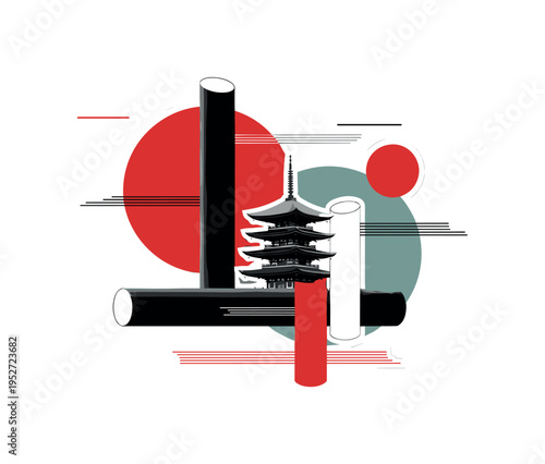 Black and white traditional Japanese pagoda combined with abstract cylindrical forms and thin horizontal lines, bold circular shapes symbolizing harmony,