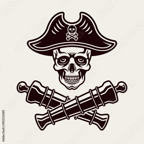 Pirate skull wearing captain hat with two crossed ship cannons in vintage engraving style. Monochrome vector emblem perfect for nautical themes, adventure branding and pirate designs