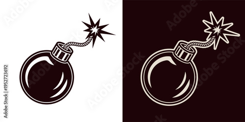 Vintage pirate bomb icon in two styles. Classic explosive object with fuse, ideal for pirate emblems, game assets, adventure branding and nautical illustrations