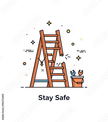 Unsafe ladders home maintenance danger depicted as a ladder with a missing step and a small tool bucket at the base, expressing common household safety
