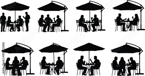 Black silhouette illustration showing people sitting at outdoor café tables under umbrellas, engaging in conversation, drinking, and social interaction in relaxed patio setting artwork