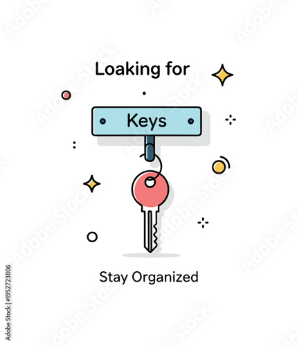 Looking for keys organized lifestyle metaphor showing a wall hook labeled Keys with a single key neatly hanging in place, communicating habit building and