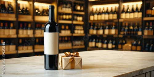 Wine bottle, small gift box resting on marble surface. Background shows cellar with numerous wine racks, dimly lit. Elegant presentation.