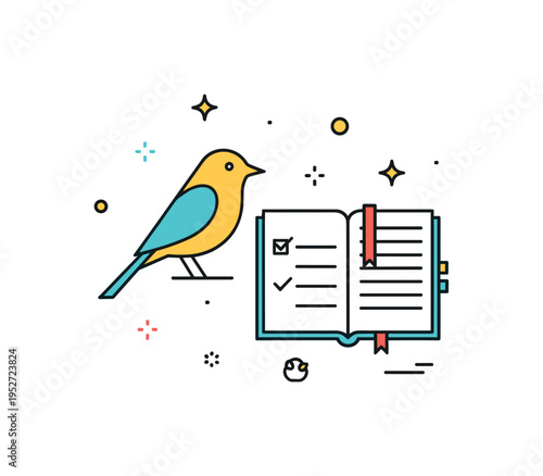 Birdwatching notes concept centered on a simple bird silhouette beside an open journal with tiny check marks and sparkle accents, expressing curiosity,