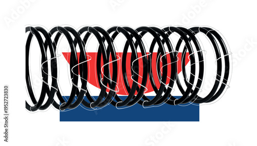 Black and white spiral binding enlarged as rhythmic geometric pattern, bright red semicircle behind for contrast, thin contour lines wrapping around coil