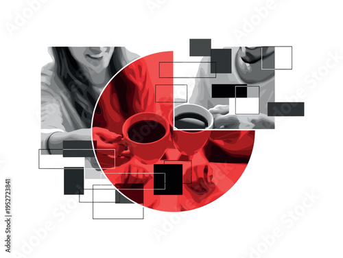 Monochrome close-up of two friends clinking coffee cups, intersected by a large red semicircle and abstract rectangular blocks suggesting warmth and