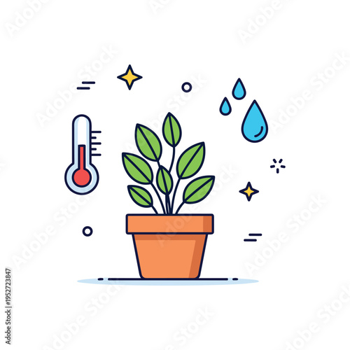 Indoor climate monitoring for rare plants depicted through a potted specimen alongside a small thermometer and humidity droplet icons, conveying precision,