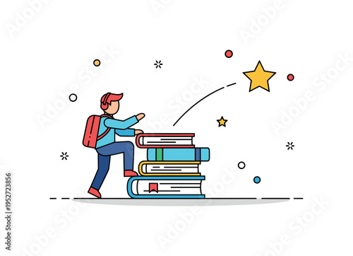Overcoming learning challenges concept featuring a student figure climbing a small stack of books toward a subtle star icon, symbolizing progress through