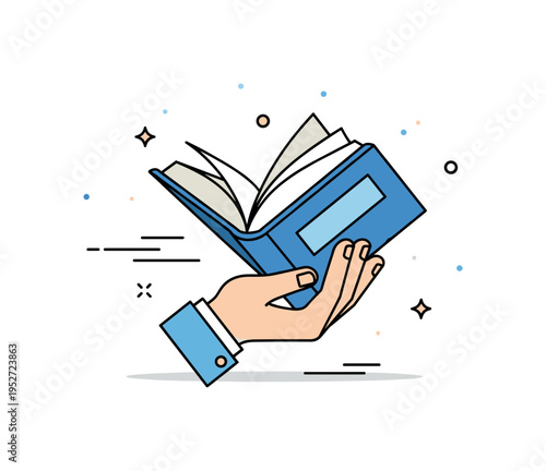 Quiet reading habit illustrated by a relaxed hand holding a slightly tilted open book with gentle motion lines suggesting page turning, expressing comfort and