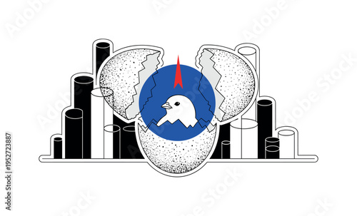 Black and white detailed eggshell split into two halves with chick inside, bold cobalt blue circle highlighting the center opening, red triangular accent