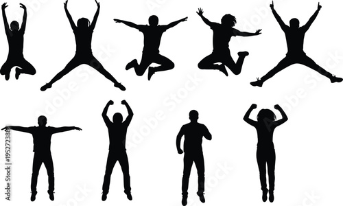Silhouette group of people jumping in various poses isolated on white background, energetic motion, freedom, celebration, active lifestyle concept, dynamic human shapes illustration