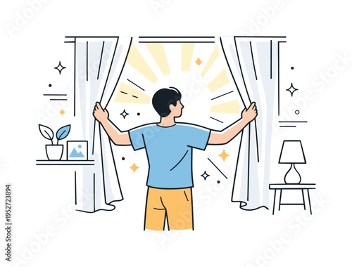Brightening interior with sheer panels. Person gently spreads newly hung light curtains to let sunlight in, abstract rays and small stars floating around.