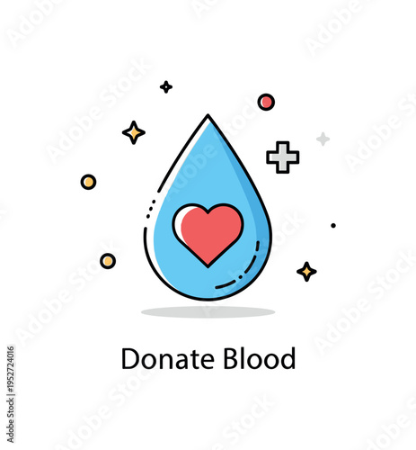 Blood donation life saving act represented by a single drop forming a small heart at its center with a subtle plus symbol nearby. The composition conveys