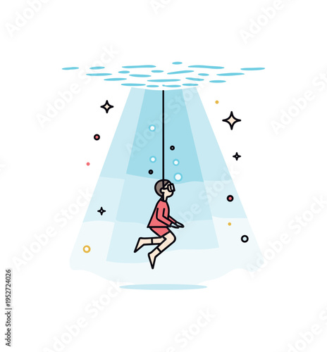 Underwater stillness moment shown as a figure gently suspended with faint light beams descending from the surface, symbolizing silence and immersion in nature.