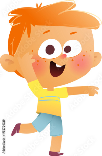 Fun redhead little boy playing with joyful expression. Cheerful child character running around. Vector hand drawn illustration clipart for kids.