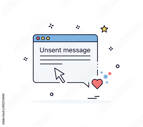 Unsent message concept showing a chat window with a blinking cursor and a small heart icon fading beside it. A subtle and emotional badge style scene about