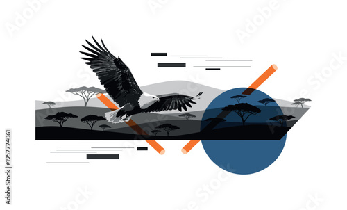 black and white African eagle gliding over abstract savanna silhouette, deep blue geometric circle anchoring layout and orange cylindrical shapes crossing