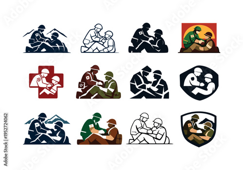 a medic tending to a wounded soldier on the frontlines. Icon set. Set Logo of a medic tending to a wounded soldier on the frontlines: rescue and care gesture.
