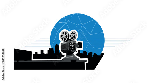 Black and white retro film projector placed on a city rooftop at night, large blue geometric circle behind it symbolizing moonlight, thin horizontal lines