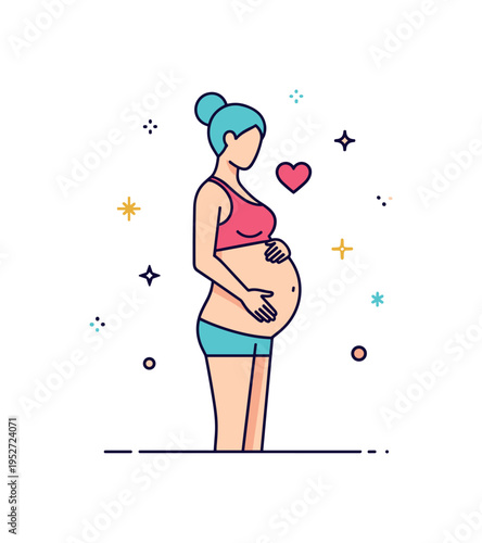 Low impact exercises prenatal fitness concept featuring a gentle standing pose with hands resting on the belly and a small heart accent above. The scene