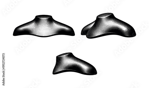 Clothes hanger shoulder form, a realistic hanger shoulder shown symmetrical front view, angled view, and side profile as three object studies focusing on