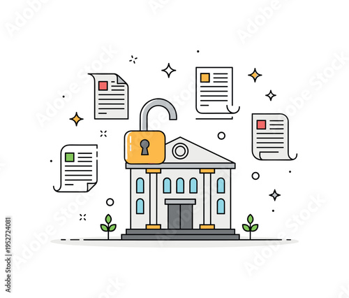 Open data transparency in local government depicted by a civic building with an unlocked padlock and floating data sheets, symbolizing accessibility and public
