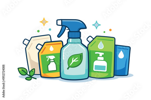 Eco-friendly cleaning supplies storage reusable spray bottle with a leaf symbol placed at the center and refill pouches arranged around it representing