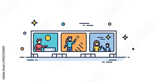 Storyboarding process illustrated by a simple film strip with three small framed scenes arranged in sequence expressing structure and narrative flow. Clean