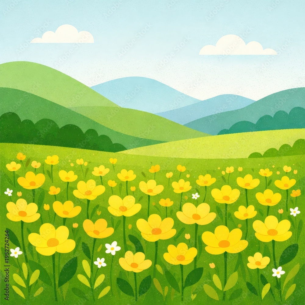 Fototapeta premium Cheerful cartoon landscape of rolling green hills and a field of yellow flowers under a blue sky with clouds