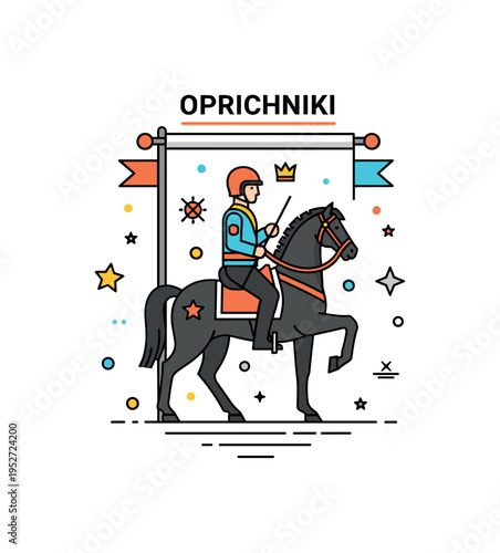 Oprichniki mounted rider emblem featuring a dark horse silhouette paired with a minimal historic banner. The composition conveys enforcement, mobility, and the