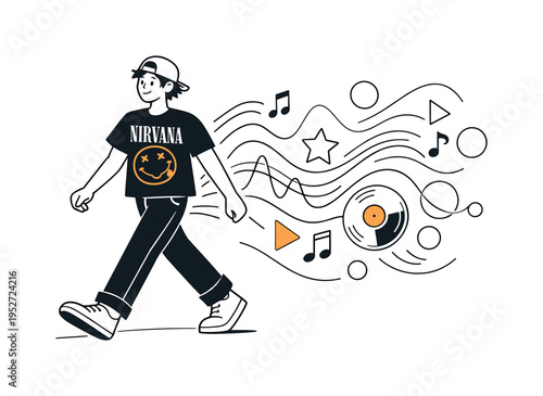 Music as identity. Solo character walking confidently, band t-shirt logo clearly visible, abstract sound waves and shapes following behind. Feeling