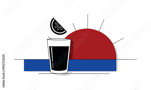 Black and white juice glass with simplified fruit slice icon floating above, bold deep red semicircle behind like a sunrise refreshment symbol, cobalt blue