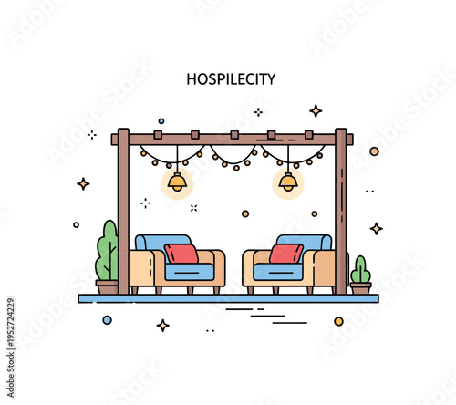 Backyard lounge space featuring cushioned outdoor chairs beneath a simple pergola structure with subtle hanging lights, symbolizing hospitality and warm