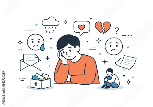 Emotional impact of layoffs. A person surrounded by subtle emotion symbols and muted documents, representing empathy and concern for others. The