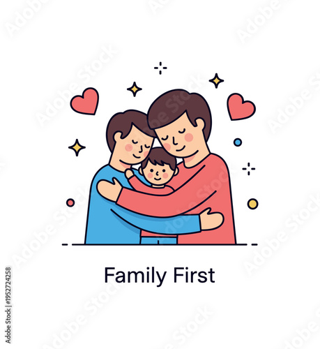 Parent child bonding moment with a warm hug at the center expressing trust, emotional security, and unconditional love. Soft heart accents and a short label