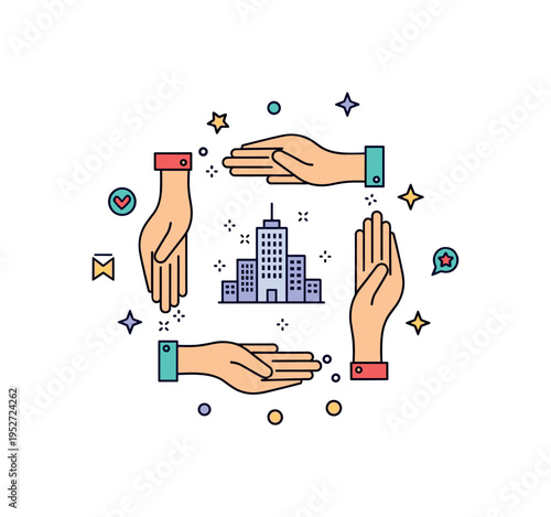Community engagement initiative helping hands surrounding a small city building silhouette. A warm micro scene highlighting collaboration, volunteering and
