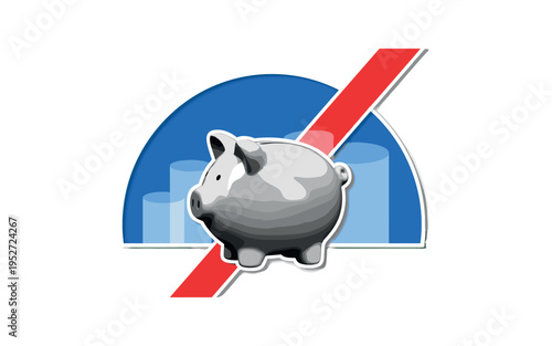 Black and white vintage piggy bank centered in composition, oversized cobalt blue semicircle backdrop intersected by a precise red diagonal stripe, abstract