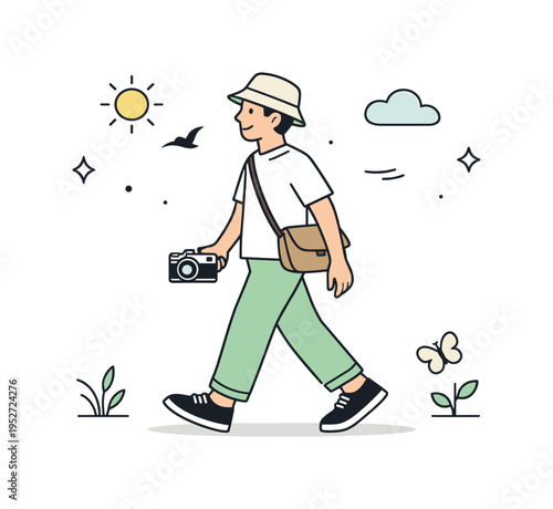 Slow photography lifestyle. A photographer walking with a film camera, enjoying the moment rather than chasing volume. Sense of presence, patience, and