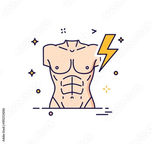Defined abs gym motivation concept featuring a sculpted torso symbol combined with a minimal lightning bolt accent suggesting power and intensity. A bold