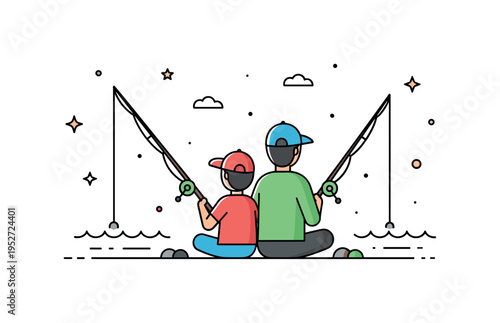 Weekend fishing trip father and son seated side by side with simple fishing rods extended over calm water lines. A peaceful micro scene highlighting patience,