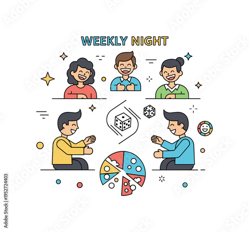 Weekly game night with friends sitting in a circle, rolling dice and sharing laughter, highlighting bonding and joyful repetition. Minimalist flat vector