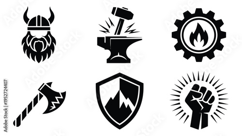 Dynamic medieval icon set featuring bearded helmet, striking anvil, fiery gear, Celtic axe and mountain shield, displayed in bold black, perfect for historical designs, game interfaces, fantasy 
