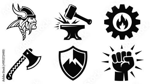 Dynamic medieval icon set with bearded helmet, striking anvil, fiery gear, Celtic axe and mountain shield in bold black, versatile for medieval design projects, game icons, fantasy illustrations and 