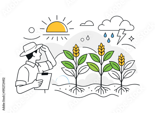 Resilient crops design. Farmer observing strong crops growing under mixed sun and rain symbols, healthy leaves standing firm. A hopeful scene about adaptation,