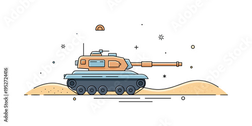 Armored tank in desert terrain simplified into clean shapes representing resilience in harsh environments. Subtle sand line accents and balanced color contrast