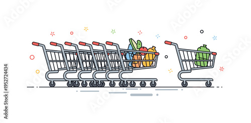 Shopping carts row of neatly aligned metal carts with one slightly pulled forward, expressing retail organization and everyday grocery routine. Minimalist flat