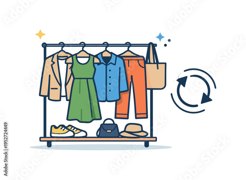 Rental wardrobe lifestyle focused on effortless style and smart consumption as a neatly arranged clothing rack with a few curated outfits and a small circular
